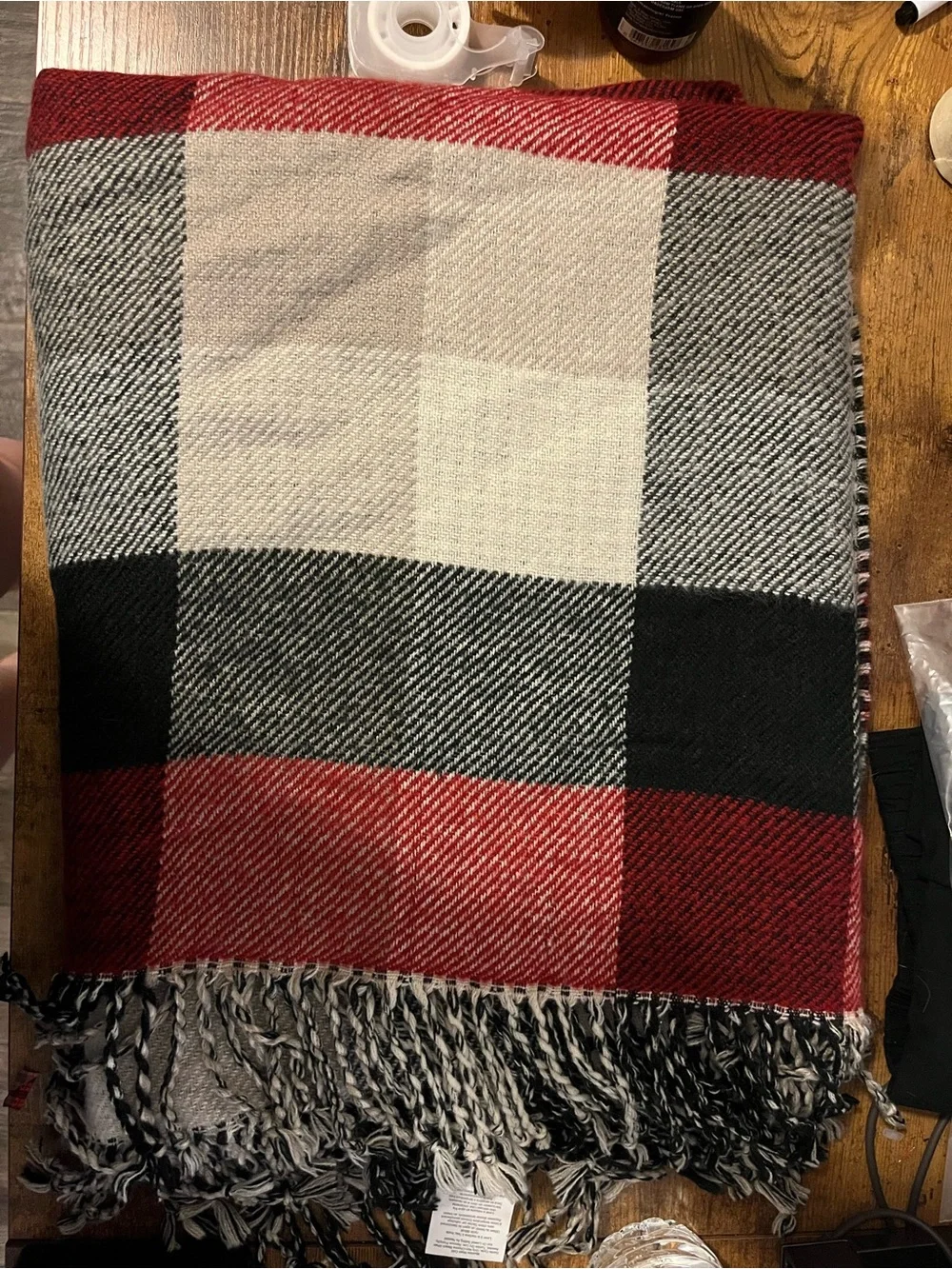 Pottery Barn Red, Black & Cream Plaid Throw with Fringe
